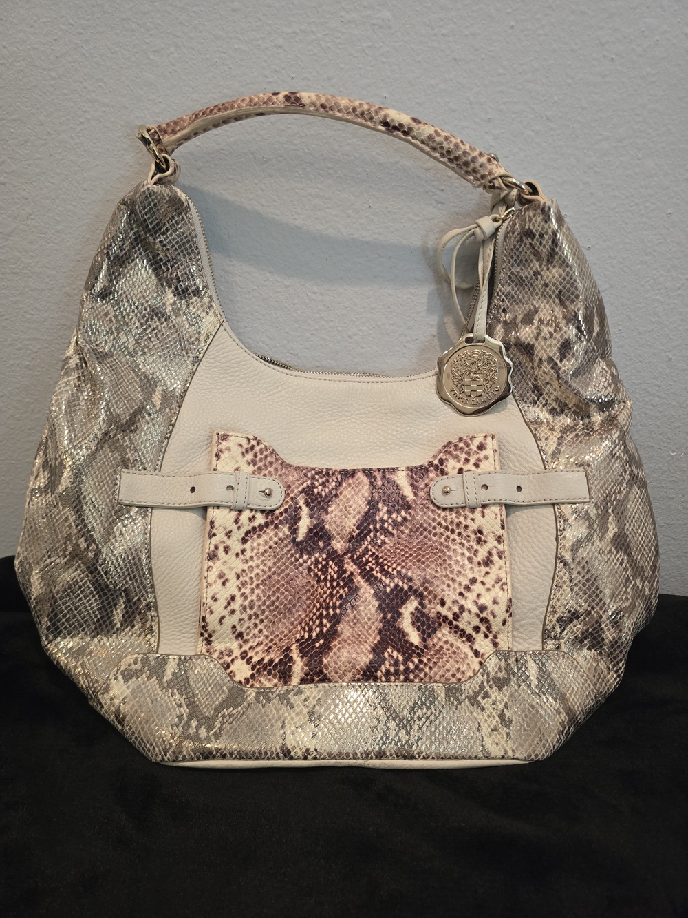 Vince Camuto Neutral Taupe Snake-Print Shoulder Hobo Bag with Cream Accents